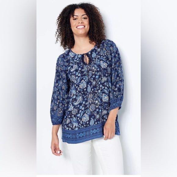 Susan Graver Tops - Susan Graver Womens Floral Woven Tie Neck Peasant Tunic Top - Size Med. petite